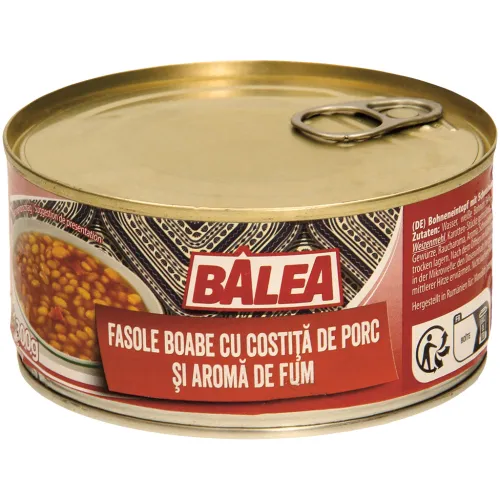 Balea-Fasole cu costita-Bohneneintopf mit Schweinebauchspeck-Stücken, mit Raucharoma verfeinert. Sterilisiertes Produkt.
