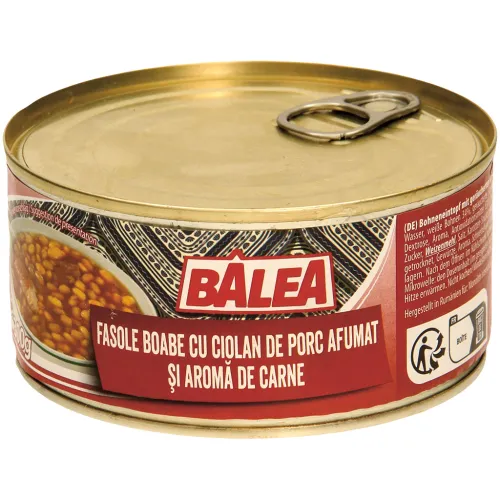 Balea-Fasole cu ciolan-Bohneneintopf mit geräucherten Schweinehaxe-Stücken mit Haut und mit Fleischaroma. Sterilisiertes Produkt.