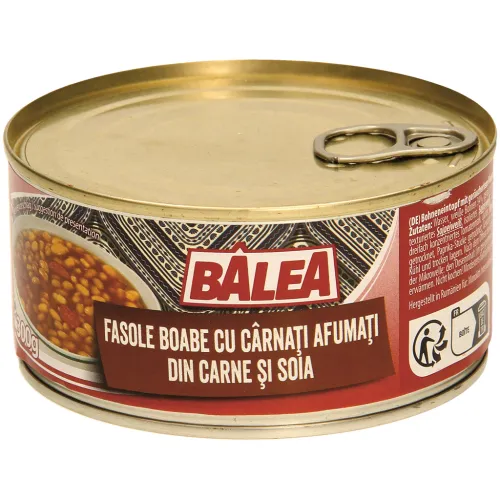 Balea-Fasole cu carnati-Bohneneintopf mit geräuchertem Fleischerzeugnis (mit texturiertem und isoliertem Sojaeiweiß). Sterilisiertes Produkt.