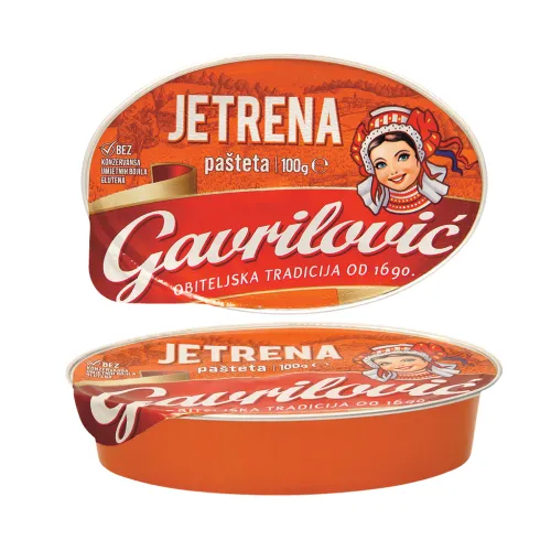 Jetrena pasteta Aufstrich mit Schweineleber mit Zusatz von Milcheiweiß. Sterilisierte Konserve.