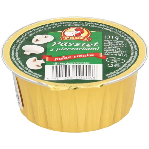 Pasztet z pieczarkami Geflügelhaltiger Brotaufstrich mit Hähnchenseparatorenfleisch nach Art einer Kochstreichwurst polnischer Art mit Champignons. Mit Sojaeiweiß, mit Teilen vom Schwein. Sterilisiertes Produkt.