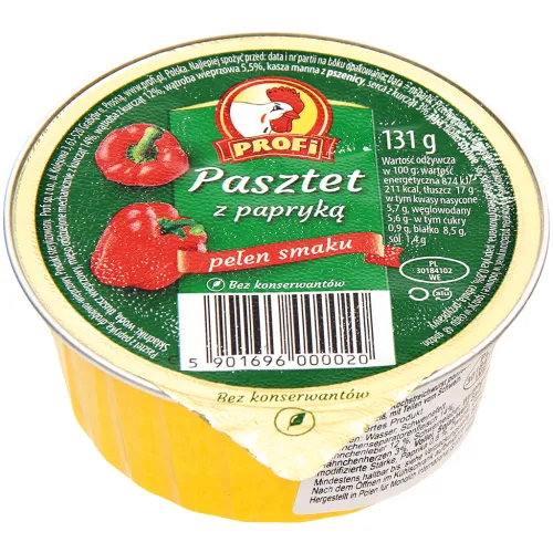 Pasztet z papryką Geflügelhaltiger Brotaufstrich mit Hähnchenseparatorenfleisch nach Art einer Kochstreichwurst polnischer Art mit Paprika. Mit Sojaeiweiß, mit Teilen vom Schwein.