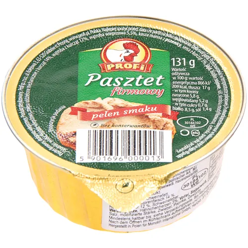 Pasztet firmowy Geflügelhaltiger Brotaufstrich mit Hähnchenseparatorenfleisch nach Art einer Kochstreichwurst polnischer Art. Mit Teilen vom Schwein, mit Sojaeiweiß. Hausspezialität. Sterilisiertes Produkt.