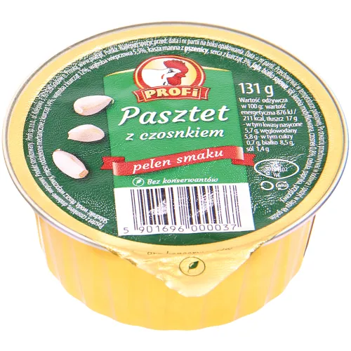 Pasztet z czosnkiem Geflügelhaltiger Brotaufstrich mit Hähnchenseparatorenfleisch nach Art einer Kochstreichwurst polnischer Art mit Knoblauch. Mit Sojaeiweiß, mit Teilen vom Schwein. Sterilisiertes Produkt.