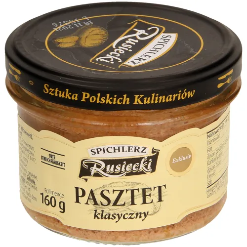 Kochstreichwurst mit Schweinleber Pasztet klasyczny. Mit Hähnchenhaut, Milcheiweiß, Schweinebindegewebseiweiß und Sojaeiweiß. Sterilisiert.
