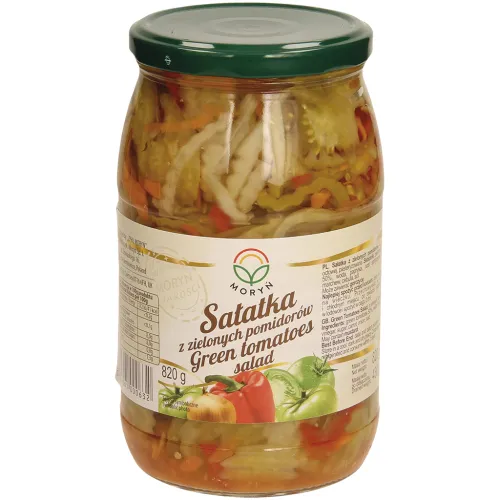 Salatka z zielonych pomidorow – Eingelegte grüne Tomaten in Scheiben, mit Paprika, Karotten und Zwiebeln. Pasteurisiert.