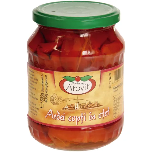 Eingelegter gerösteter roter Paprika ohne Haut. Pasteurisiert.