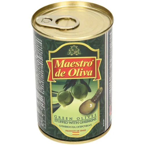 Grüne Oliven gefüllt mit Cornichons Maestro de Oliva
