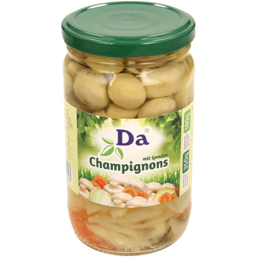 Маринованные шампиньоны первого сорта, целые головки с овощами