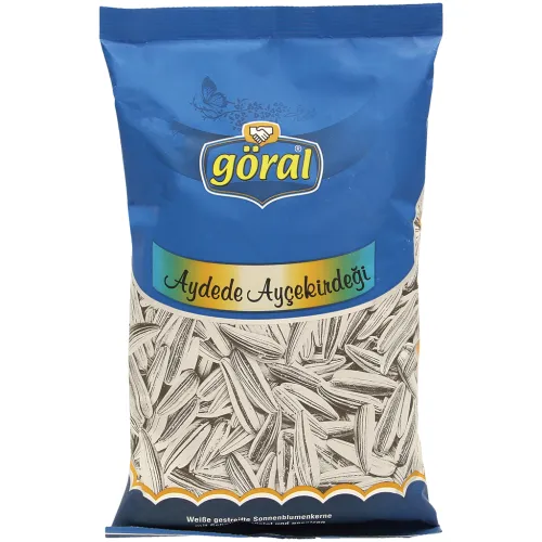 Weiße gestreifte Sonnenblumenkerne mit Schale, geröstet und gesalzen. Mit Stabilisator Gummi arabicum