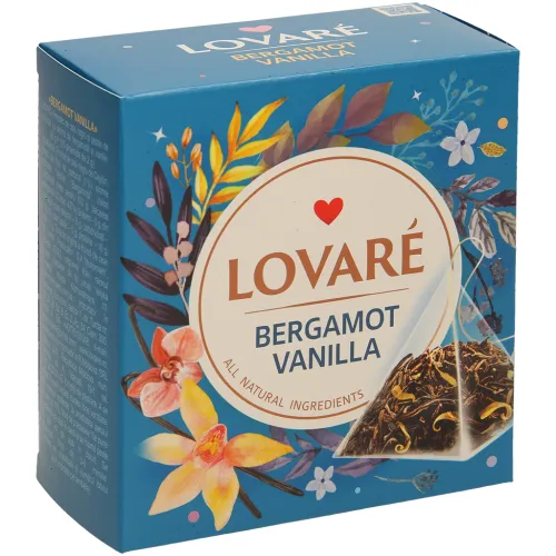 Lovare-Bergamot Vanilla – Aromatisierter Schwarzer Tee mit Orangenblütenblättern, Vanillegeschmack und Bergamottegeschmack, in Pyramidenfiltern.