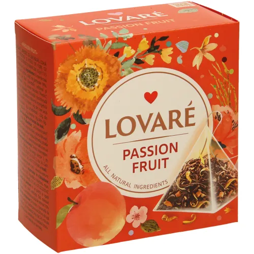 Lovare Passion fruit  -  Aromatisierter Schwarzer Tee mit Früchten, Färberdistelblütenblättern, Pfirsichgeschmack und Maracujageschmack, in Pyramidenf