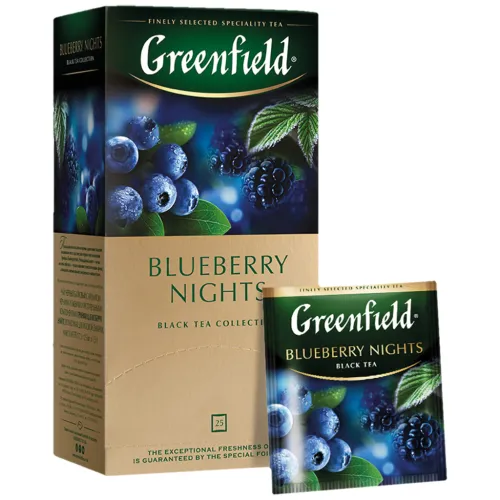 Schwarzer kenianischer Tee Greenfield Blueberry Nights mit Hibiskus, Heidelbeeren, Johannisbeerblaetter und Malvenblueten, aromatisiert
