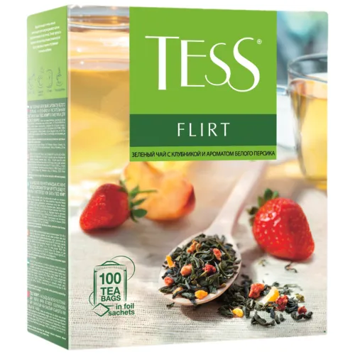Tess Flirt Grüner chinesischer Tee aromatisiert – Weißer Pfirsich – Erdbeere. In Teebeuteln.