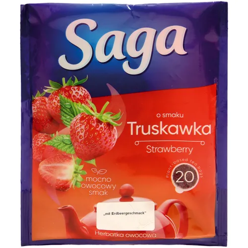 Herbatka owocowa o smaku truskawki - Aromatisierter Früchtetee mit Erdbeergeschmack in runden Beutelnteln