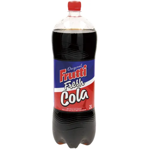 Kohlensäure- und koffeinhaltiges Erfrischungsgetränk – „Frutti Fresh“ mit Cola-Geschmack, mit Zucker und Süßungsmitteln.
