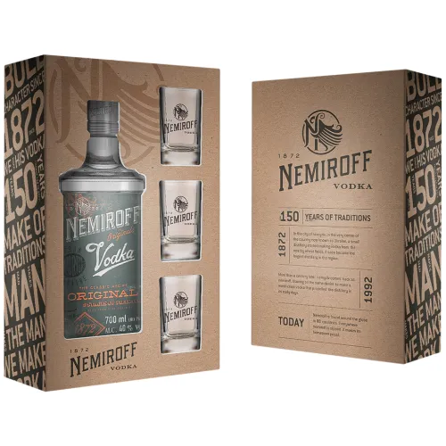 Водка Nemiroff Original в подарочной коробке с 3 рюмками, 40 % алк.