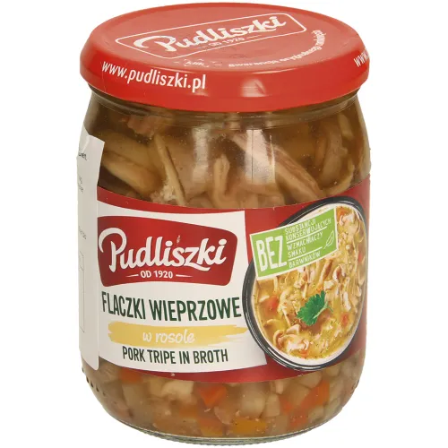 Flaki wieprzowe w rosole - Schweinekuttelnsuppe mit Gemüse. Sterilisiert.