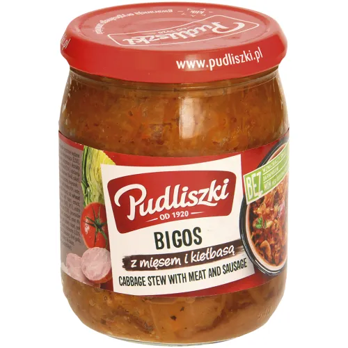 Bigos z miesem i kielbasa - Polnisches Krautgericht mit Schweinefleisch, geräucherter und gepökelter Schweinebacke und Brühwurst. Sterilisiert.