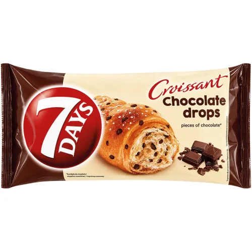 Croissant- Plundergebäck mit Schokoladenstückchen 8 % und Zuckerdekor 4 %.