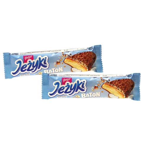Keks Jezyki Baton Kokos mit 37% Karamellauflage, mit Kokosraspeln, Haselnüssen und Getreidecrisps in Milchschokolade. Schokolade enthält neben Kakaobutter auch andere pflanzliche Fette