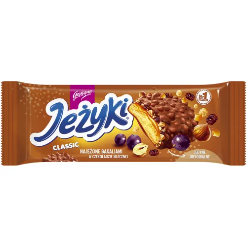 Jezyki Classic Teegebäck mit 32,3% Karamellauflage, Getreidecrisps, Rosinen und Haselnüssen, in Milchschokolade.