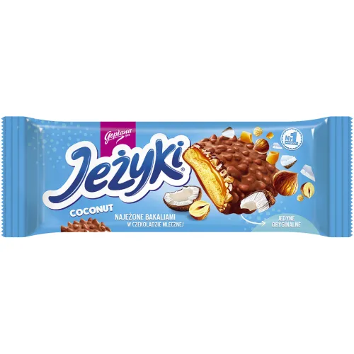 Jezyki Kokos Teegebäck mit 38,1% Karamellauflage, Kokosraspeln, Haselnüssen und Getreidecrisps, in Milchschokolade.