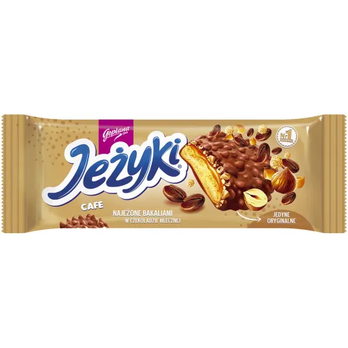 Jezyki cafe Teegebäck mit 34,8% Karamellauflage mit Kaffeegeschmack, Getreidecrisps und Haselnüssen, in Milchschokolade. Schokolade enthält neben Kakaobutter auch andere pflanzliche Fette.