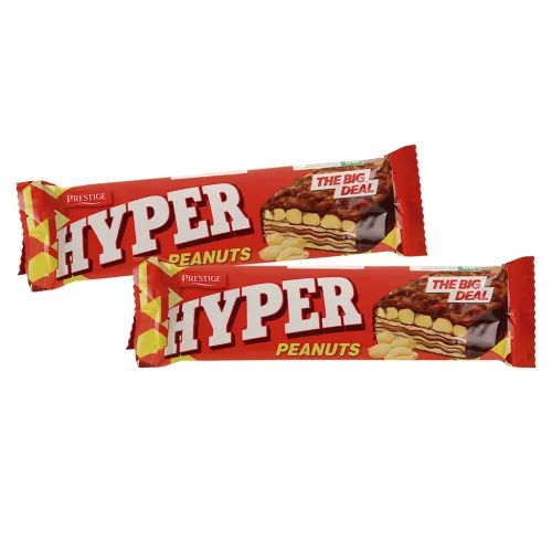 Вафля Hyper Peanuts с (43%) начинки со вкусом какао, покрытая какаосодержащей жировой глазурью (33%), с арахисом (11%)