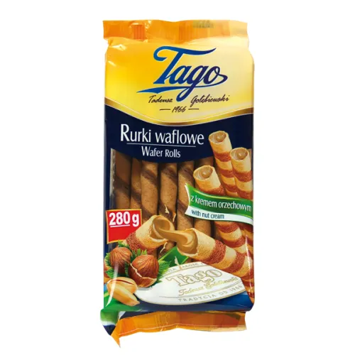 Rurka Orzechowa Waffelröllchen mit Kakao-Erdnusscreme (64%) mit Haselnussgeschmack.