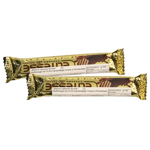 Elitesse kakaowe de luxe Waffelriegel mit 53,5% kakaohaltiger Creme in Schokolade.