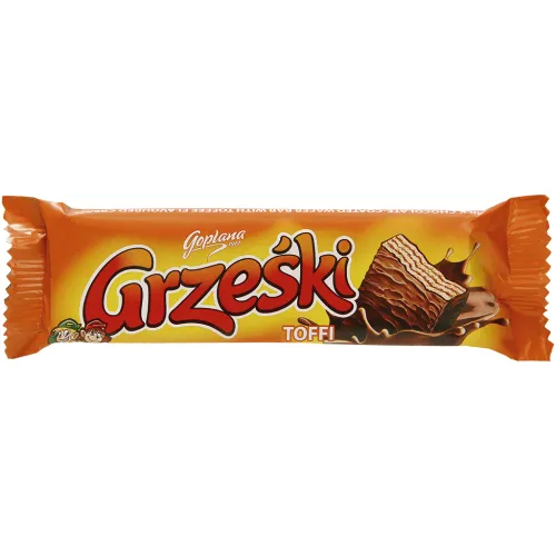 Grzeski toffi Waffel mit Toffee-Geschmack-Creme (48%) in Milchschokolade. Schokolade enthält neben Kakaobutter auch andere pflanzliche Fette.