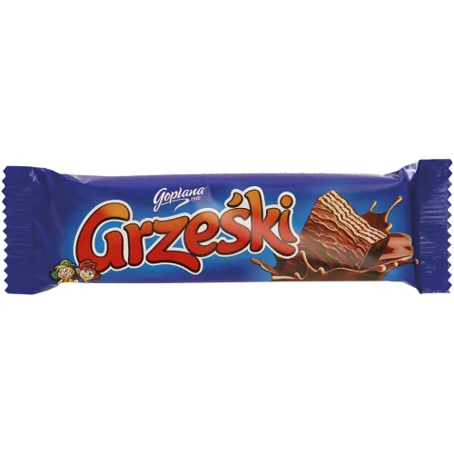 Grzeski Waffel mit Kakaogeschmack-Creme (48%) in Schokolade. Schokolade enthält neben Kakaobutter auch andere pflanzliche Fette.