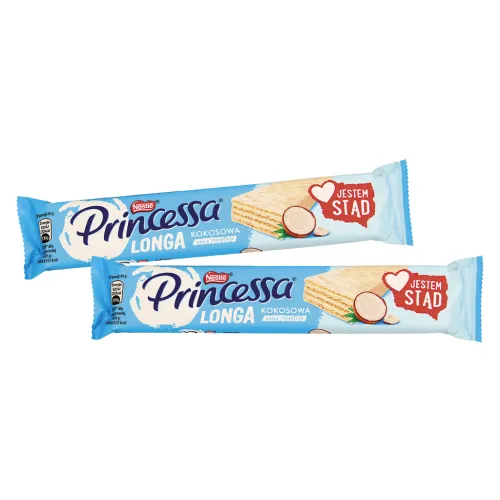 Princessa Longa Kokosowa - Waffelriegel mit 47,5% Kokoscreme in 33,7% weißer Fettglasur