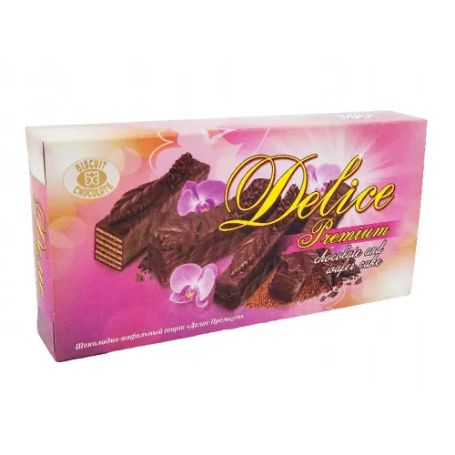 Waffeltörtchen Delis Premium in Schokoglasur (28%), dekoriert mit Schokolade (6,7%) in Ahornblätterform