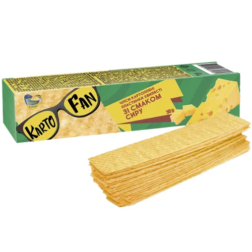 KARTOFAN Stapelchips aus Kartoffeln, in Streifenform, mit Käsegeschmack.