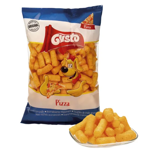 Extrudierter Snack Pufuleti aus Maisgrieß mit Pizza - Geschmack