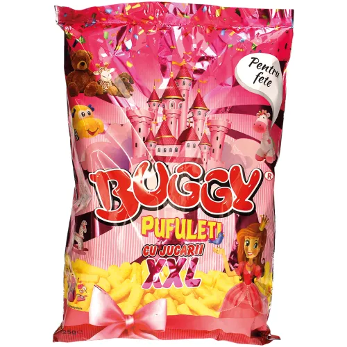 Buggy suprize fete Maisknabbererzeugnis mit Salz. Enthält Spielzeug.