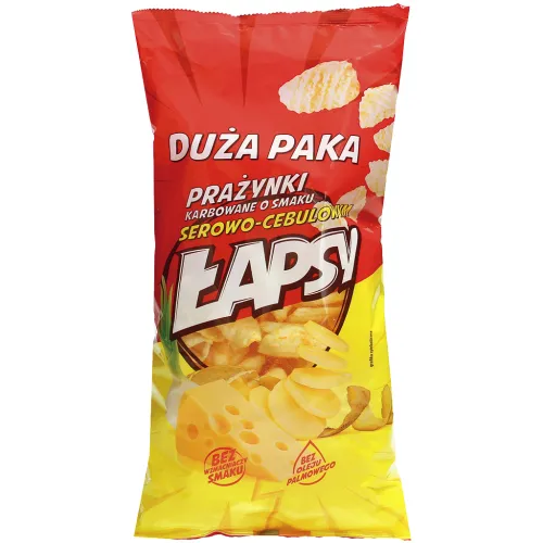 LAPSY Prazynki karbowane o smaku serowo-cebulowym Kartoffelsnacks mit mit Käse- und Zwiebelgeschmack.