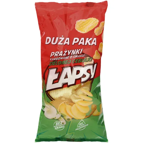 LAPSY Prazynki karbowane o smaku zielonej cebulki Kartoffelsnacks mit grüne Zwiebelngeschmack.