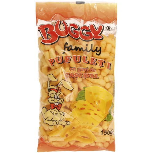 Buggy Family Cascaval Maisknabbererzeugnis mit 0,5% Käse-Geschmack-Pulver.