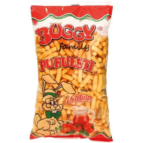 Buggy Family Ketchup Maisknabbererzeugnis mit 6% Ketchup-Geschmack-Pulver.