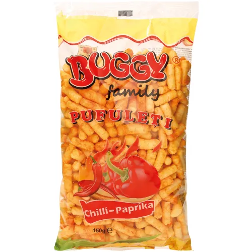 Buggy Family Chilli-Paprika Maisknabbererzeugnis mit 0,5% Chilli-Paprikapulver.