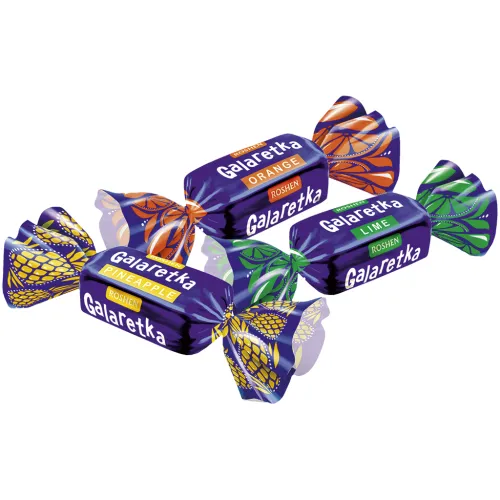Galaretka Gelee-Konfekt-Mischung in Geschmacksrichtungen Orange, Limette und Ananas, in kakaohaltiger Fettglasur (20%)