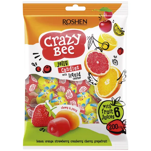 Crazy Bee Fruity Конфеты желейные c начинкой со вкусами: клубника, клюква, вишня, грейпфрут, лимон, апельсин.