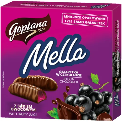 Geleekonfekt Mella mit schwarze Johannisbeerengeschmack umhüllt von Schokolade