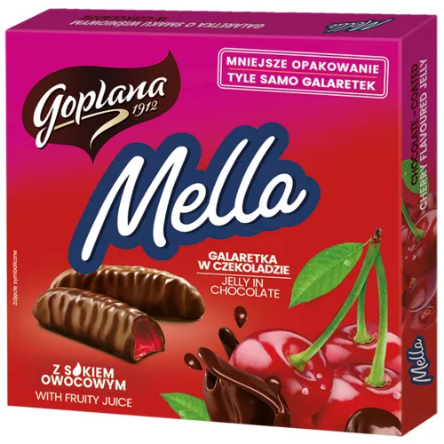 Geleekonfekt Mella mit Kirschgeschmack umhüllt von Schokolade.
