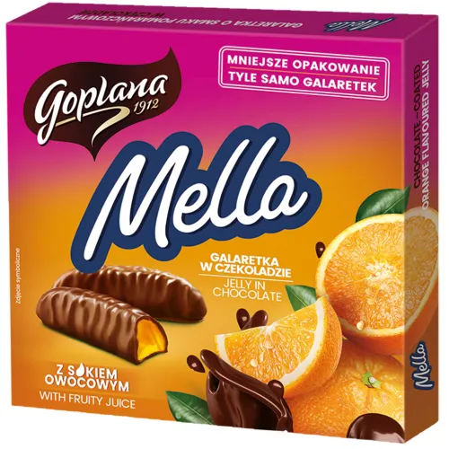 Geleekonfekt Mella mit Orangengeschmack umhüllt von Schokolade.