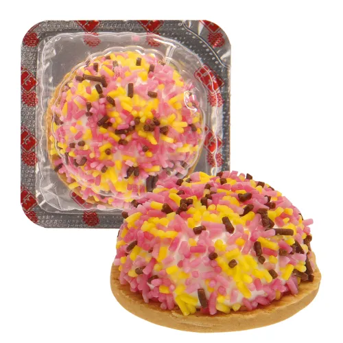 Eti Puf color Keks mit Schaumzuckermasse (44,5%) und bunten Streuseln (23,5%).