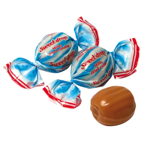 Hartkaramelle SWEET DROP mit einer Füllung mit Michgeschmack.